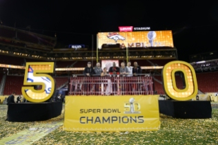 The Levi's stadium Super Bowl 50 photography crew post game on the award stage